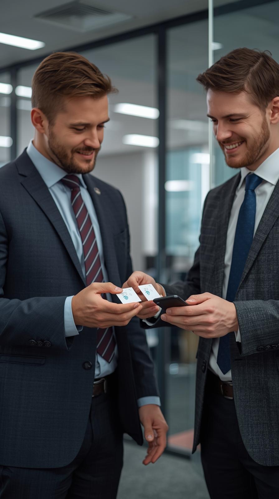 image of nfc business cards being used between two people dressed in formals in office image of nfc business cards being used between two people dressed in formals in office